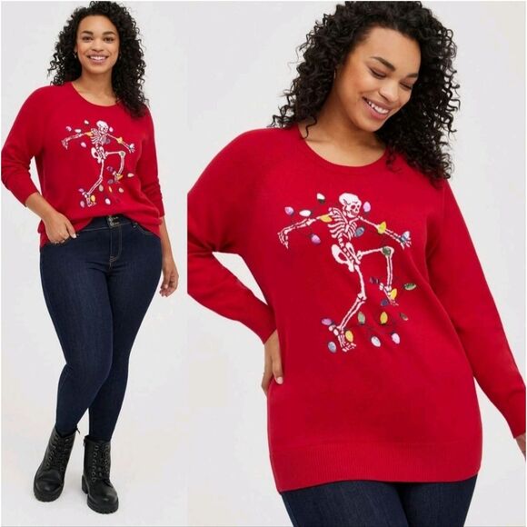 Torrid Womens Red Festive  Christmas Skeleton Sweater sz 3 ( L) - Picture 1 of 12